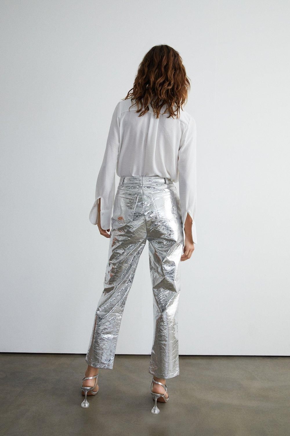 Warehouse Crackle Faux Leather Straight Trouser Silver image 3