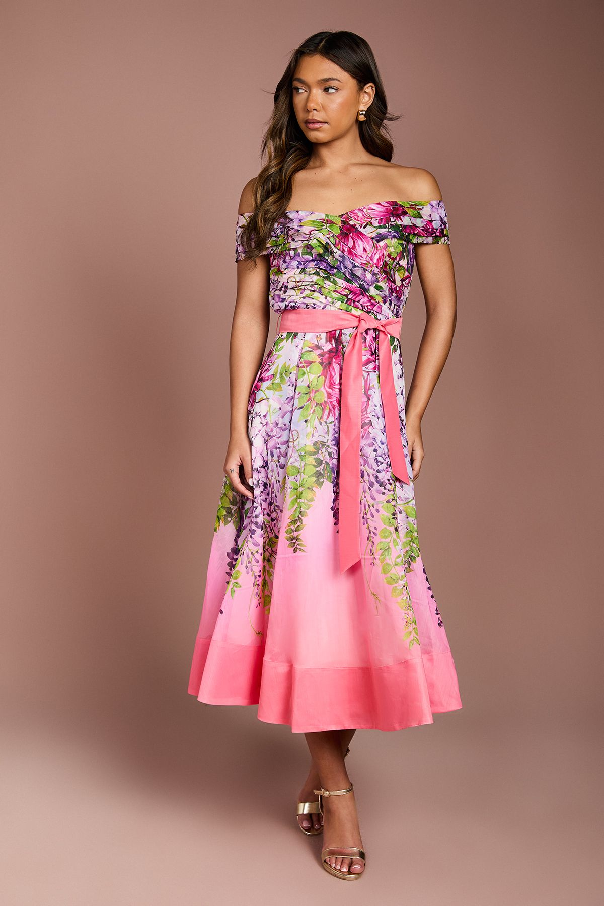 Coast Bardot Pleated Floral Printed Midi Dress Pink image 1