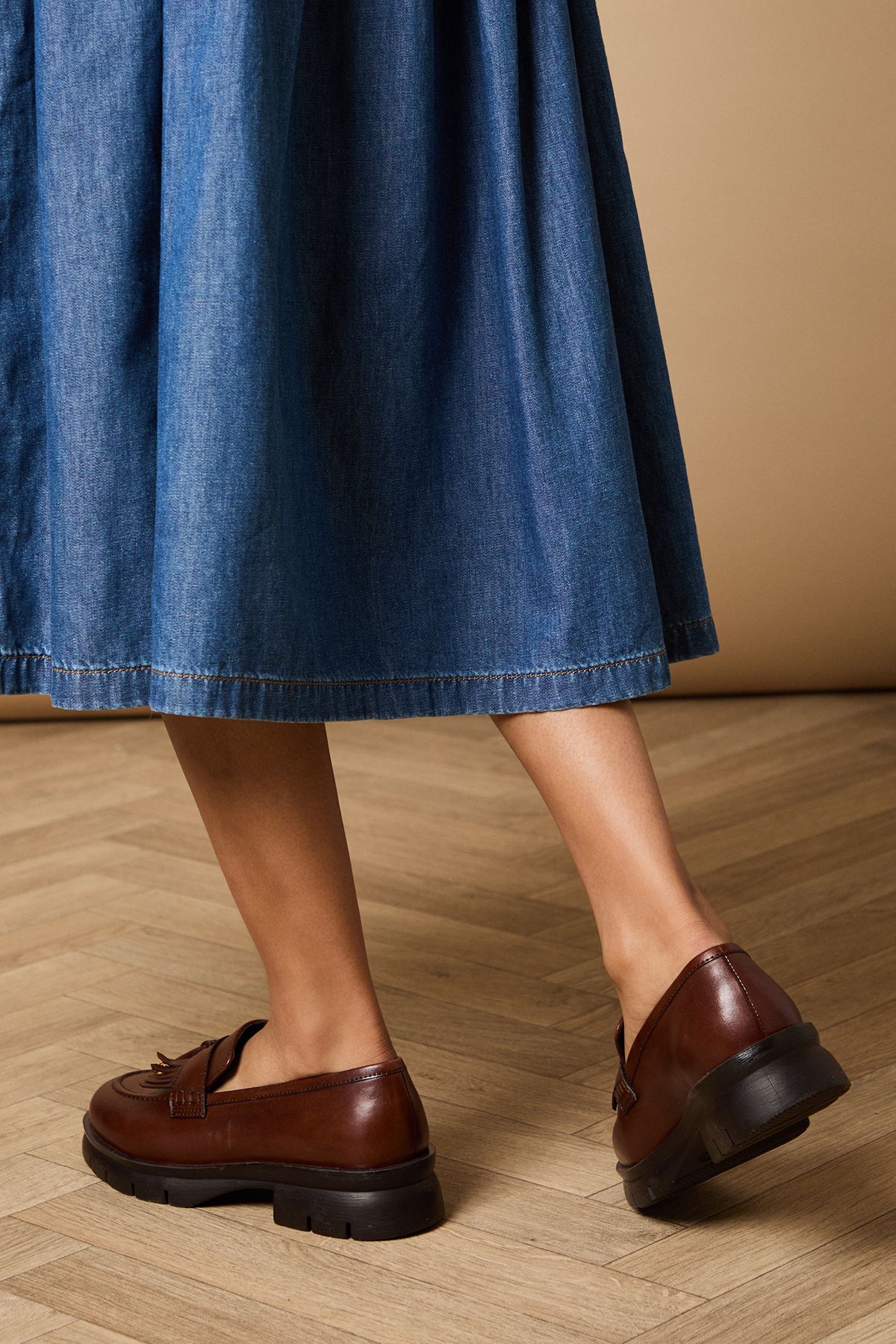 Oasis Brooke Real Leather Tassel Detail Chunky Loafers Tan image 3