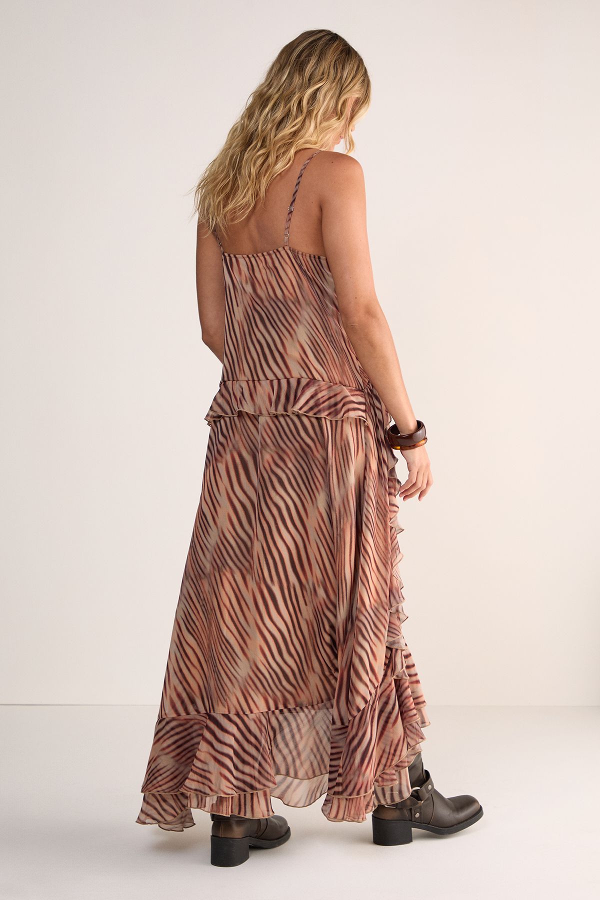 NastyGal Zebra Ruffle Tie Front Maxi Dress Beige image 3