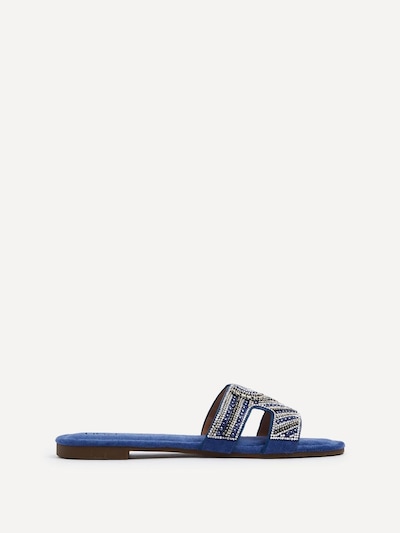 Linzi Indira Cobalt Blue Suede Aztec Design Embellished Slider Sandal