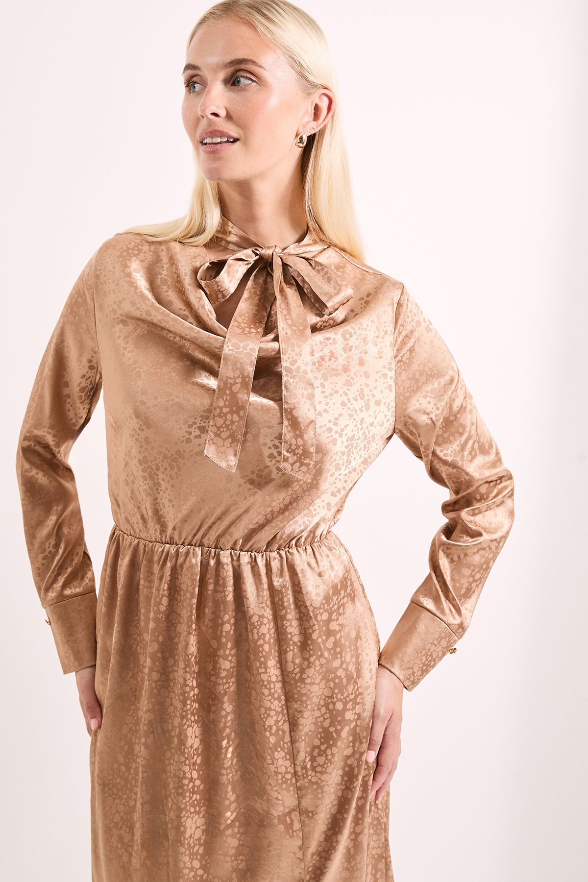 Principles Camel Cowl Tie Neck Satin Jacquard Midi Dress Camel image 4