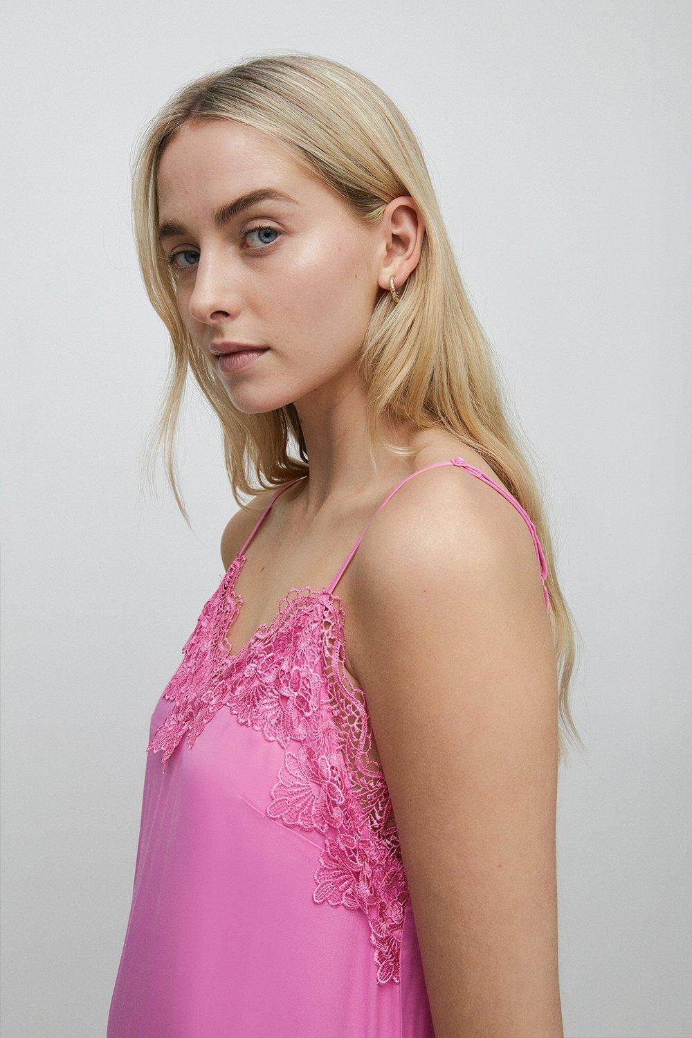 Warehouse Petite Satin Lace Cami Dress Pink image 1