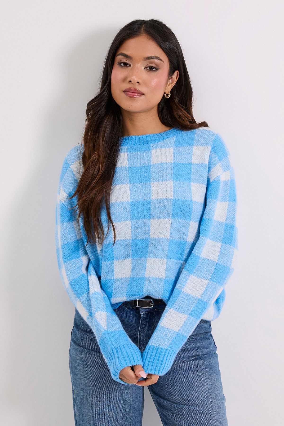 Dorothy Perkins Petite Check Crew Neck Jumper Light Blue image 1