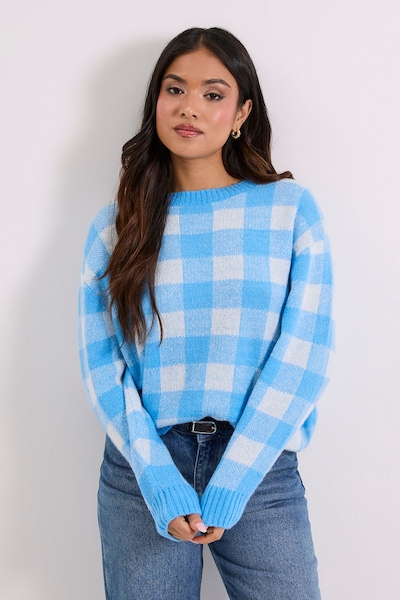 Dorothy Perkins Petite Check Crew Neck Jumper Light Blue