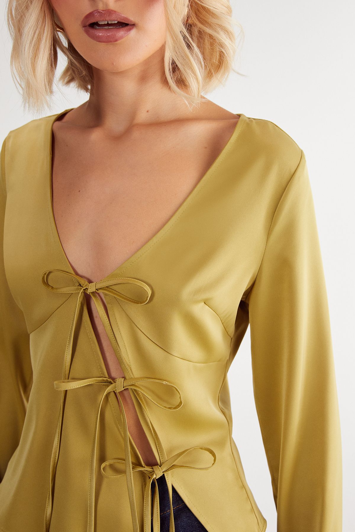 NastyGal Satin Asymmetric Tie Long Sleeve Top Lime image 3