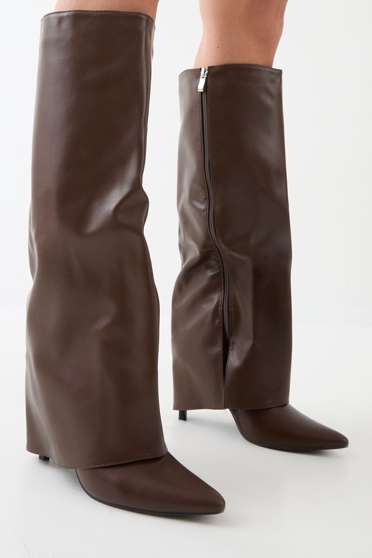 MissPap Faux Leather Foldover High Stiletto Knee High Boots Chocolate image 4