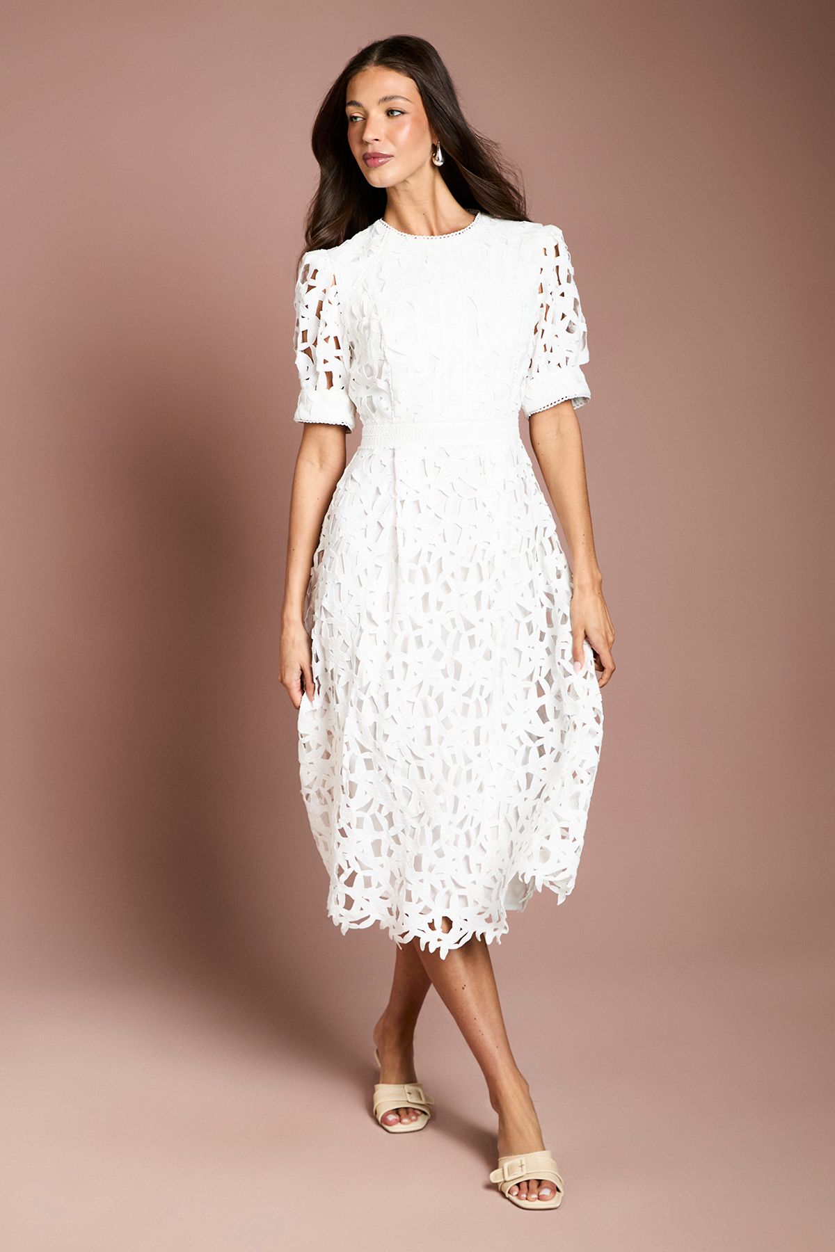 Coast Short Sleeve Lace Midi Dress Ivory