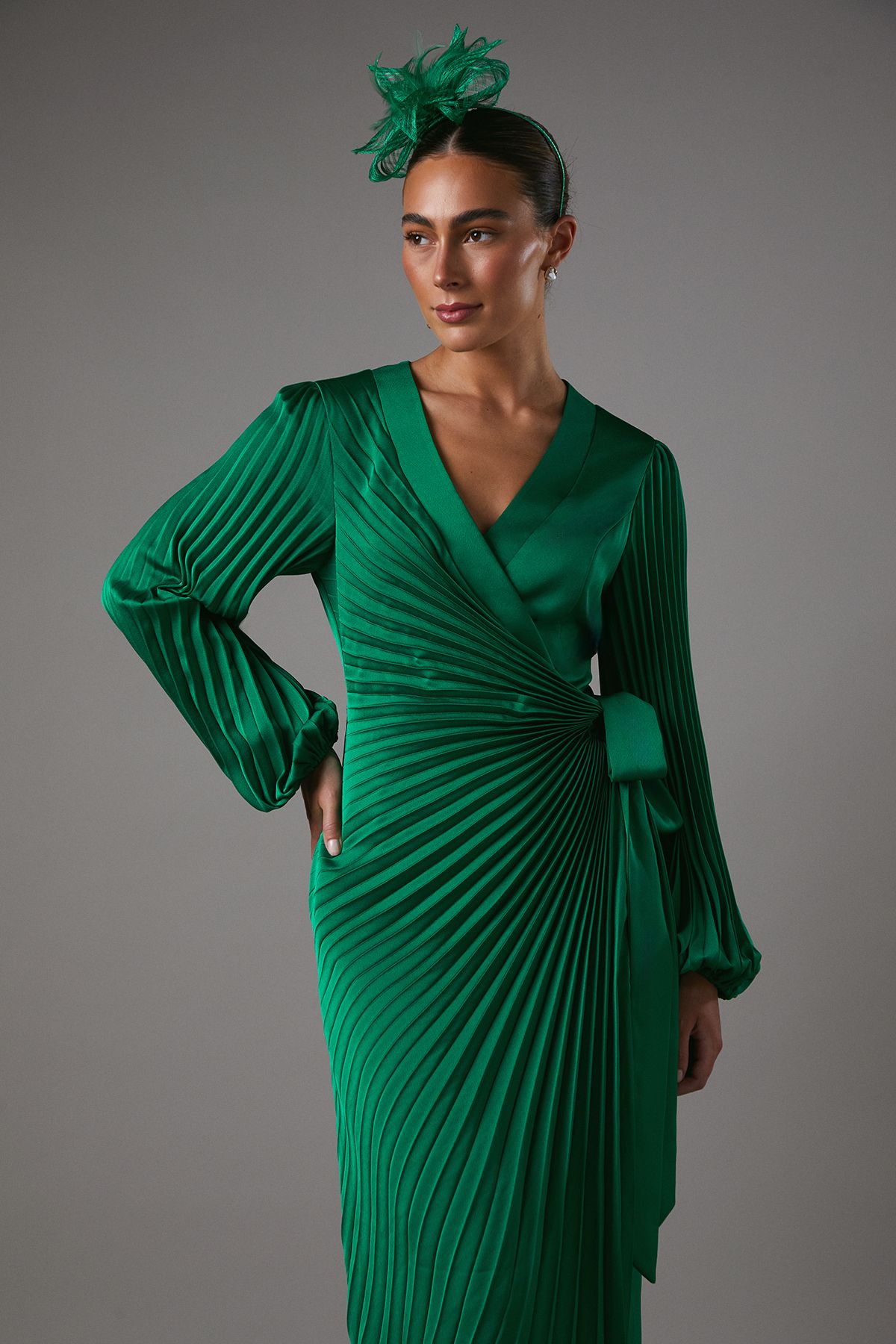 Coast Satin Pleated Wrap Dress Green image 2