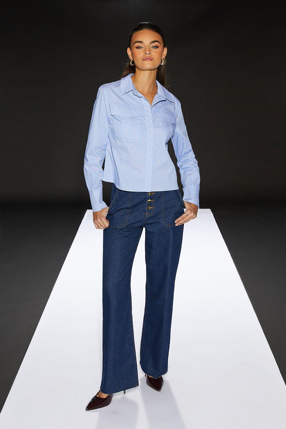 RUNWAY 1.8.1.8 Runway 1.8.1.8 Stripe Poplin Cropped Boxy Utility Shirt Blue image 2
