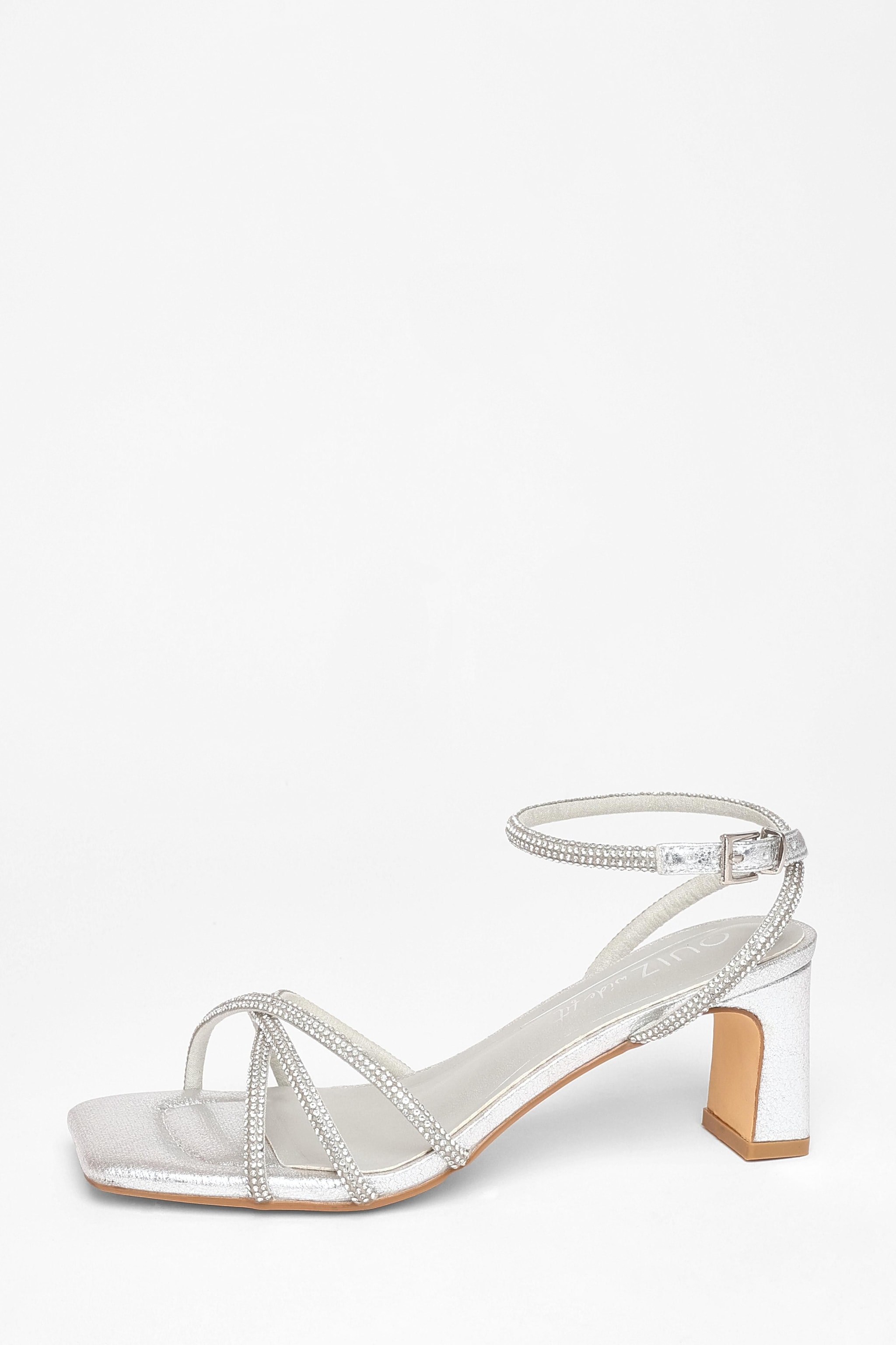 Quiz Silver Wide Fit Diamante Strap Block Heels image 3