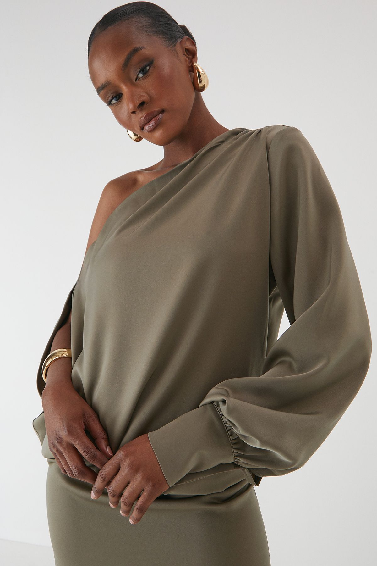 MissPap One Shoulder Satin Mini Dress Khaki image 4