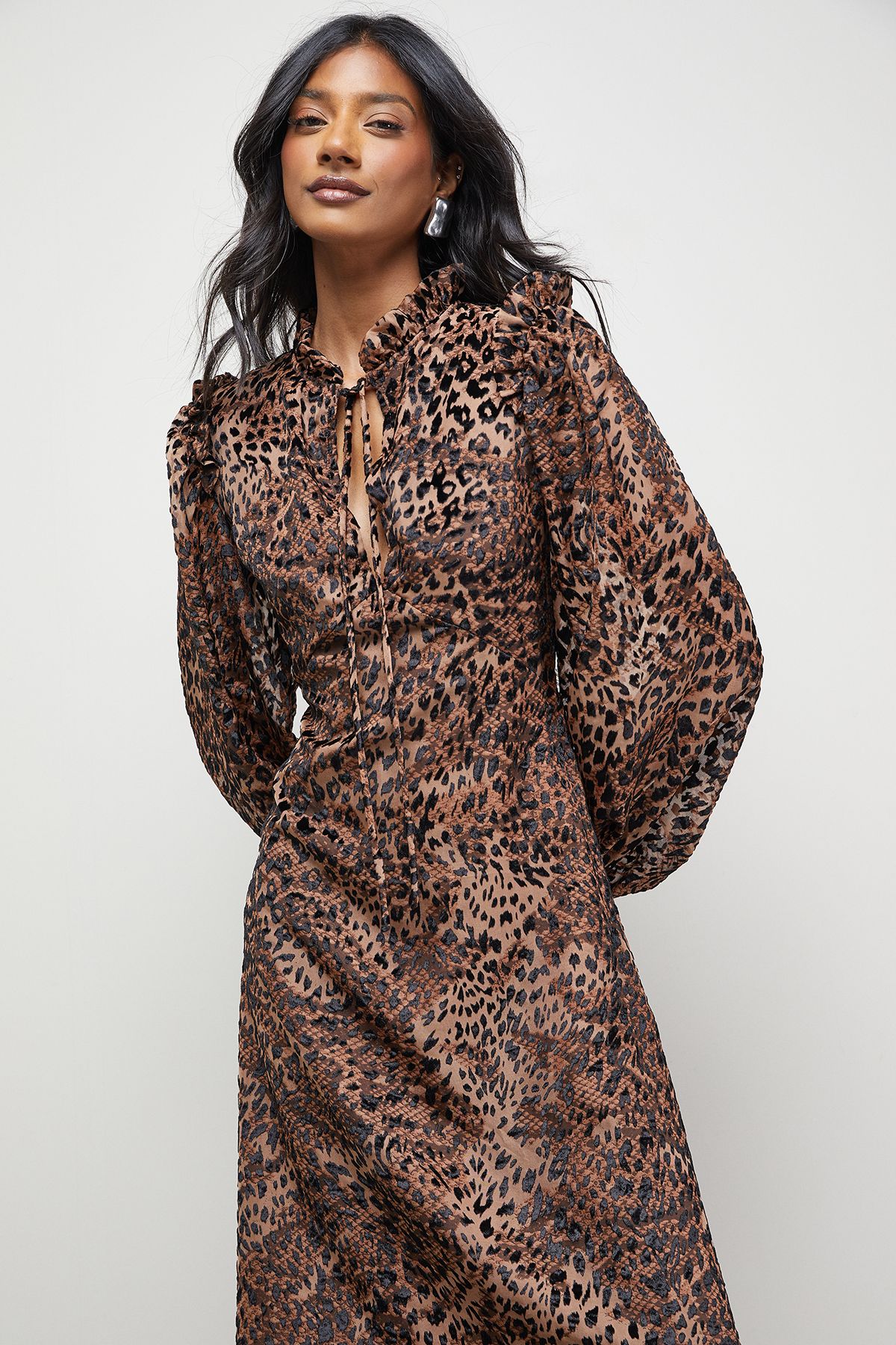 Warehouse Burnout Velvet Frill Shoulder Tie Front Midi Dress Animal image 2