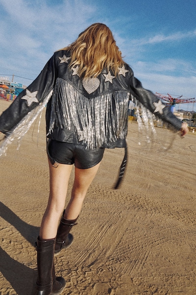NastyGal Real Leather Star and Heart Patched Tassel Oversized Jacket Black
