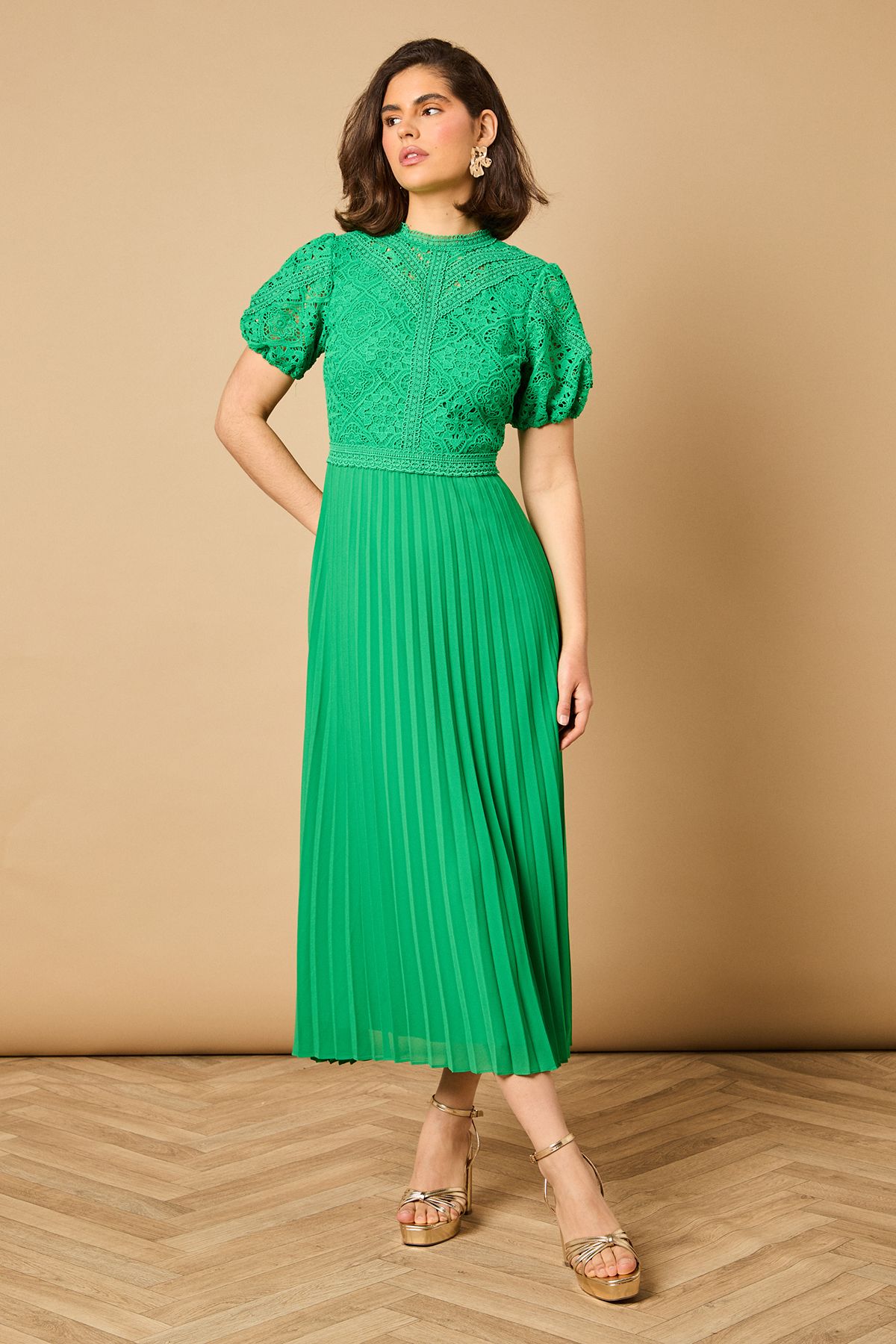 Oasis Lace Puff Sleeve Pleated Midi Dress Bright Green image 1