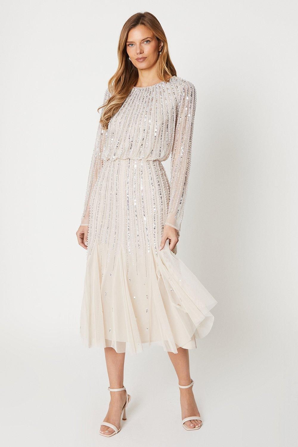 Coast Party Sequin Long Sleeve Midi Dress Champagne