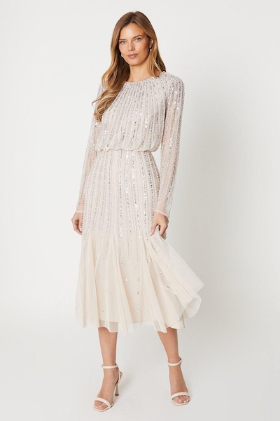 Coast Party Sequin Long Sleeve Midi Dress Champagne