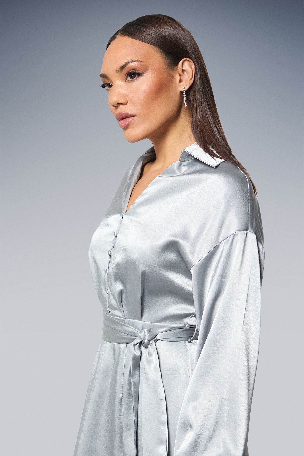Principles Silver Wrap Tie Waist Satin Shirt Dress Silver image 4