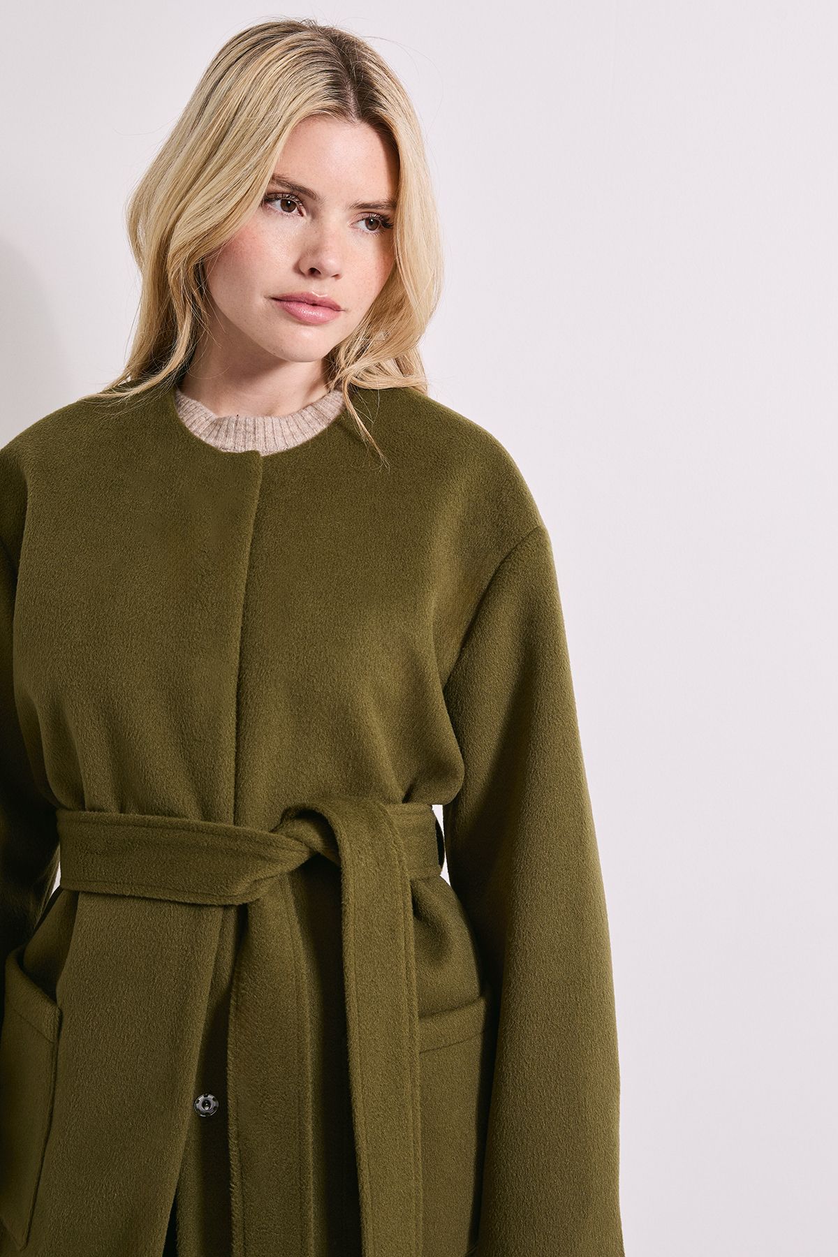 Dorothy Perkins Belted Round Neck Scarf Coat Olive image 4