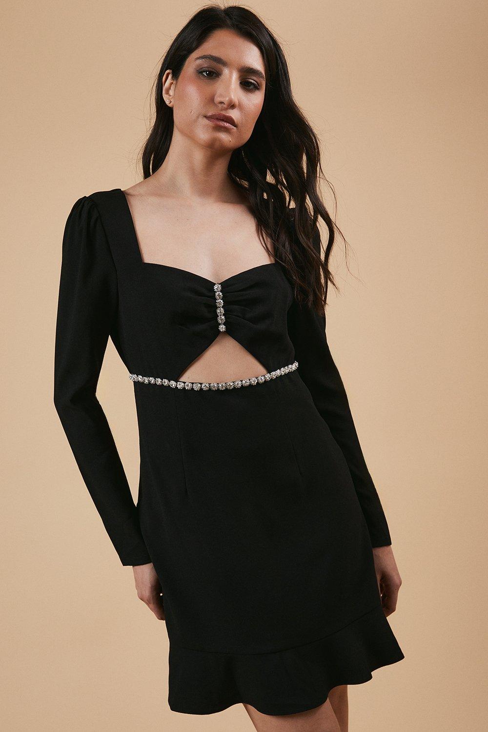 Oasis Petite Occasion Crepe Diamante Trim Cut Out Mini Dress Black image 1