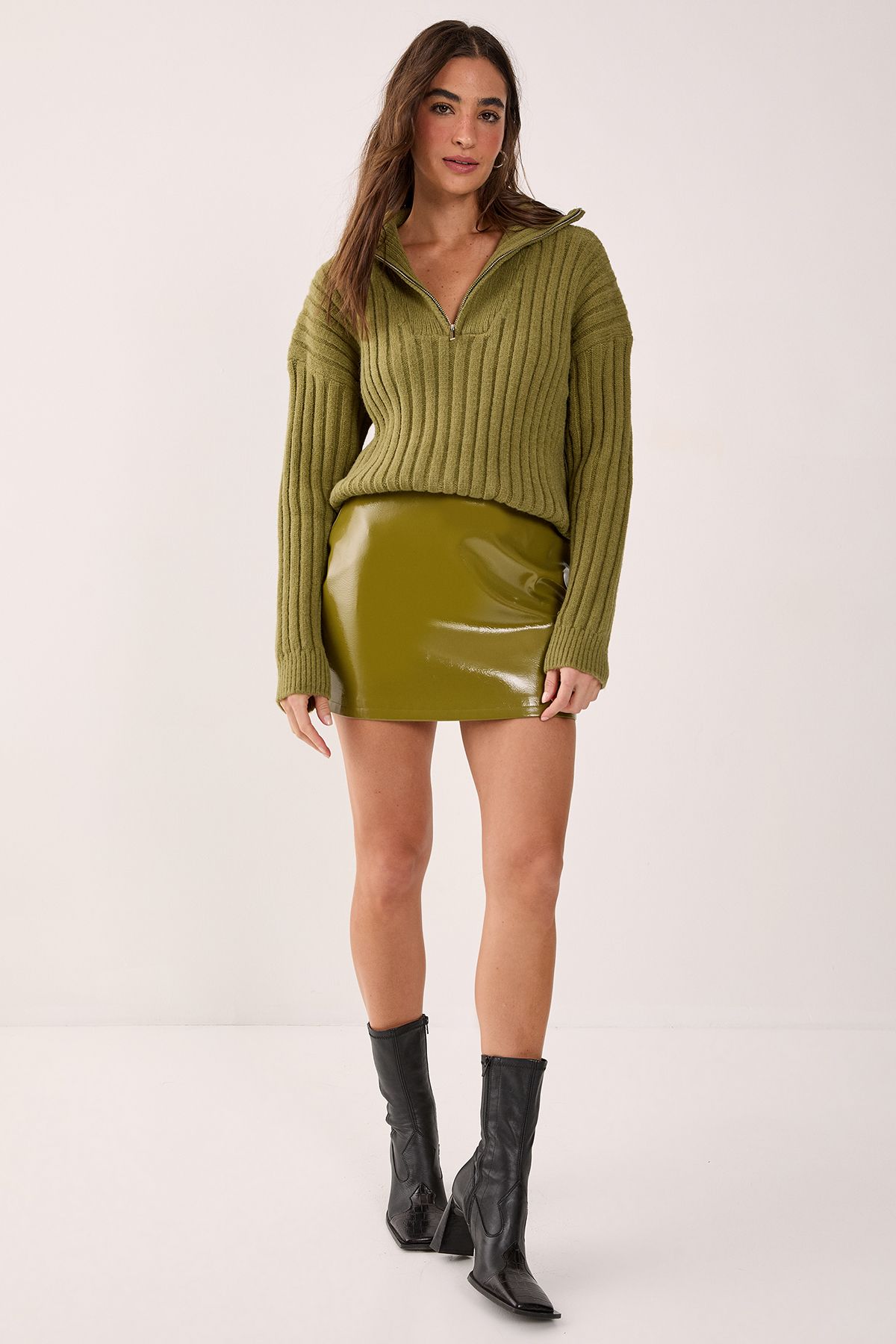 NastyGal Ribbed Knitted Quarter Zip Jumper Olive image 2