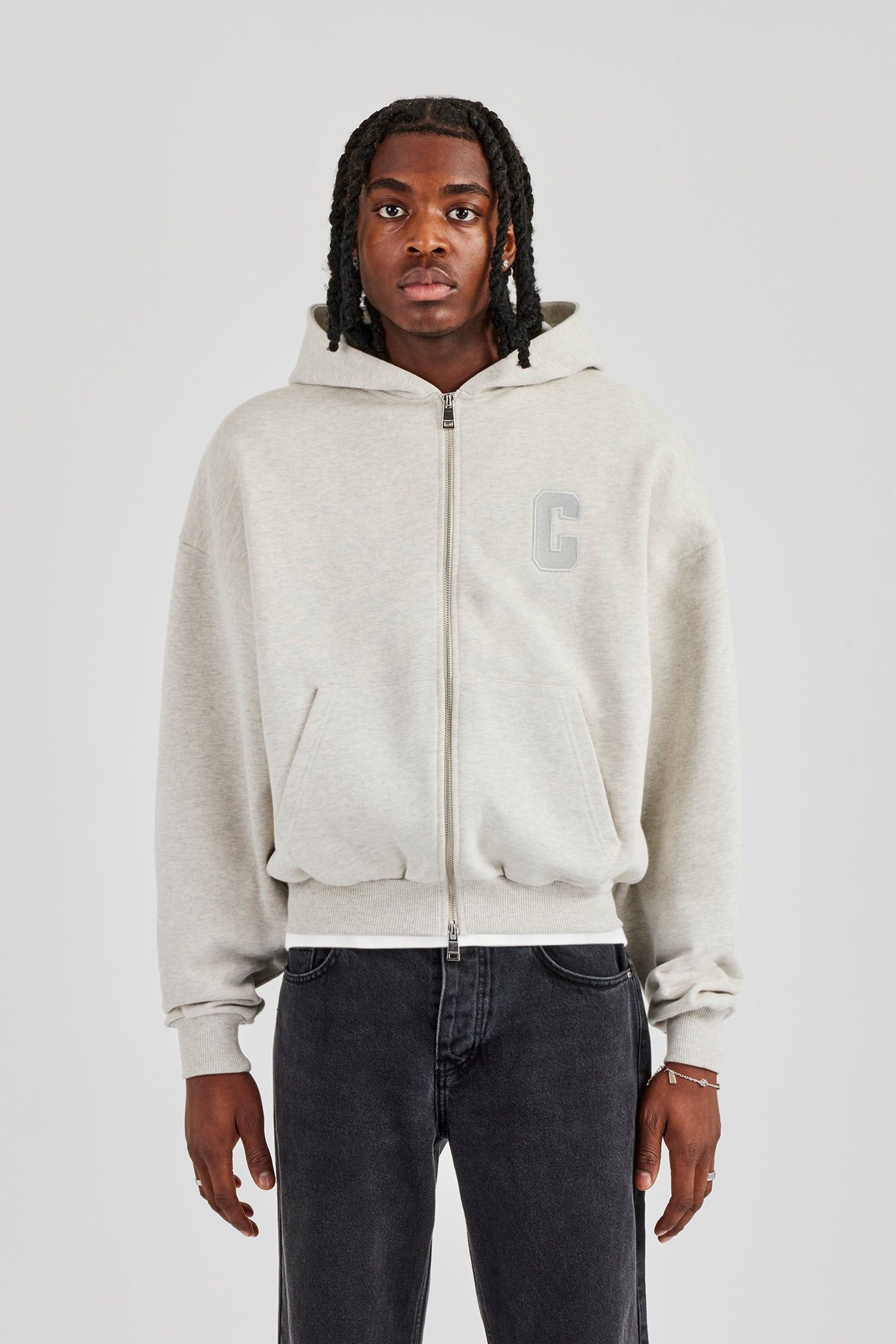 Cernucci Embroidered C Boxy Zip Through Hoodie - Ash Grey image 1