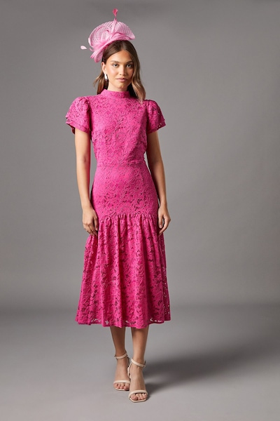 Coast Lace Frill Sleeve High Neck Midi Dress Pink