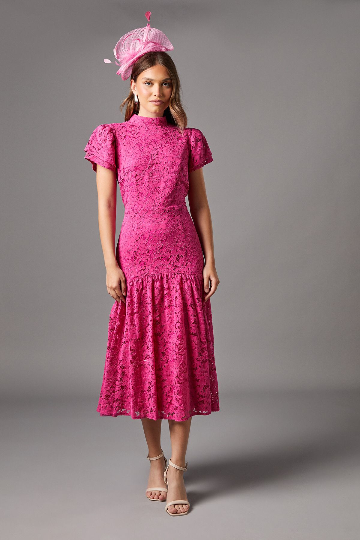 Coast Lace Frill Sleeve High Neck Midi Dress Pink