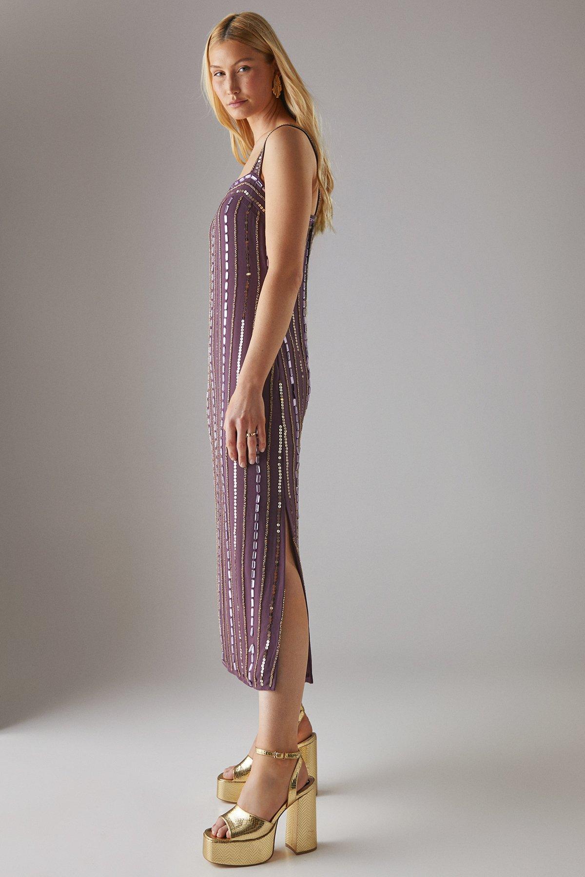 Warehouse Hand Embellished Sequin Square Neck Strappy Midi Dress Mauve image 2