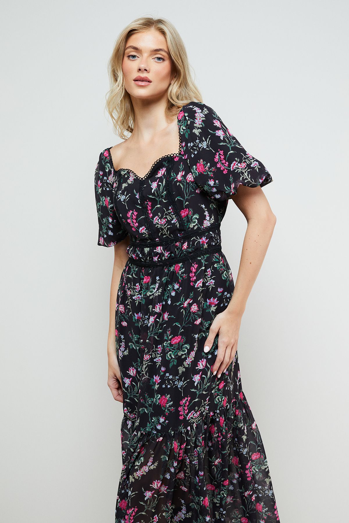 Oasis Lace Trim Puff Sleeve Midaxi Dress Black image 2