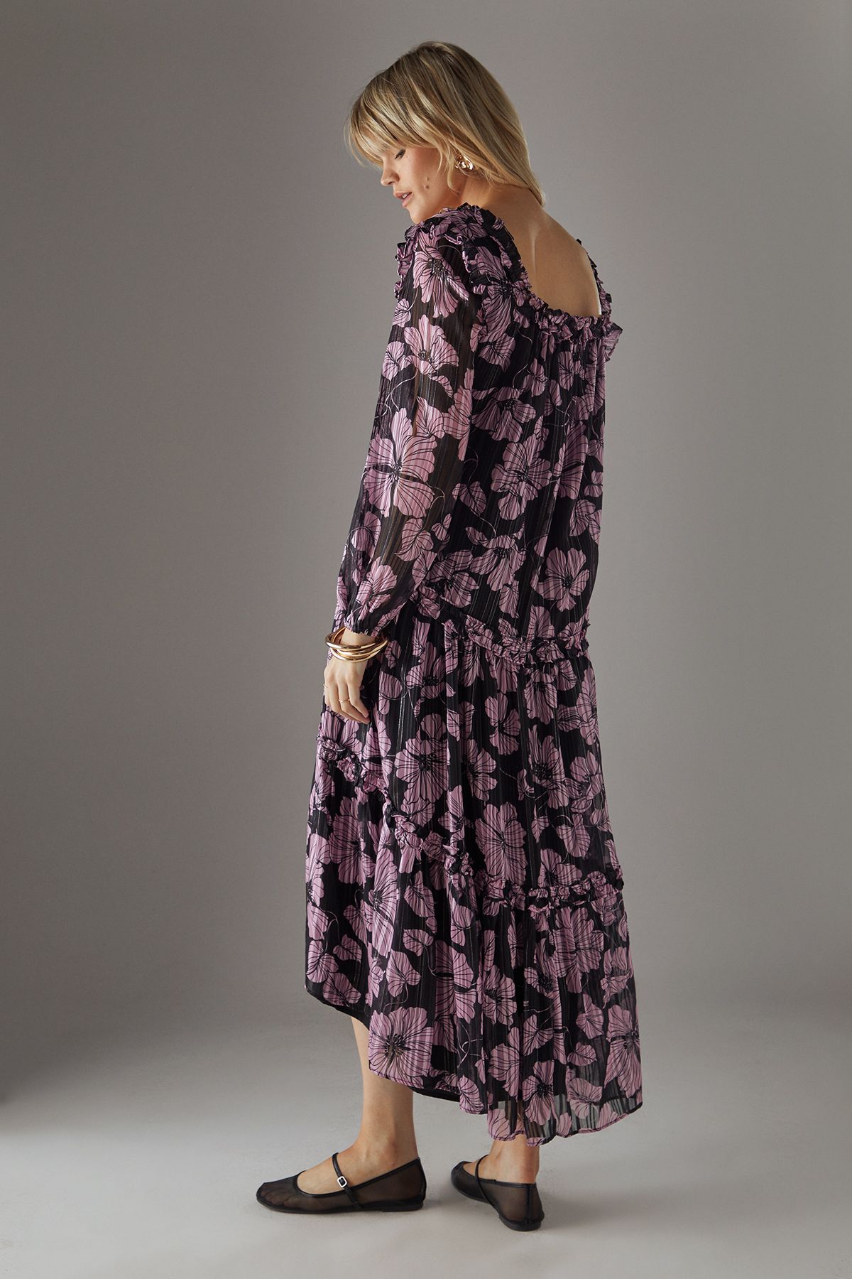 Warehouse Shadow Stripe Ruffle Square Neck Smock Midi Dress Pink image 4