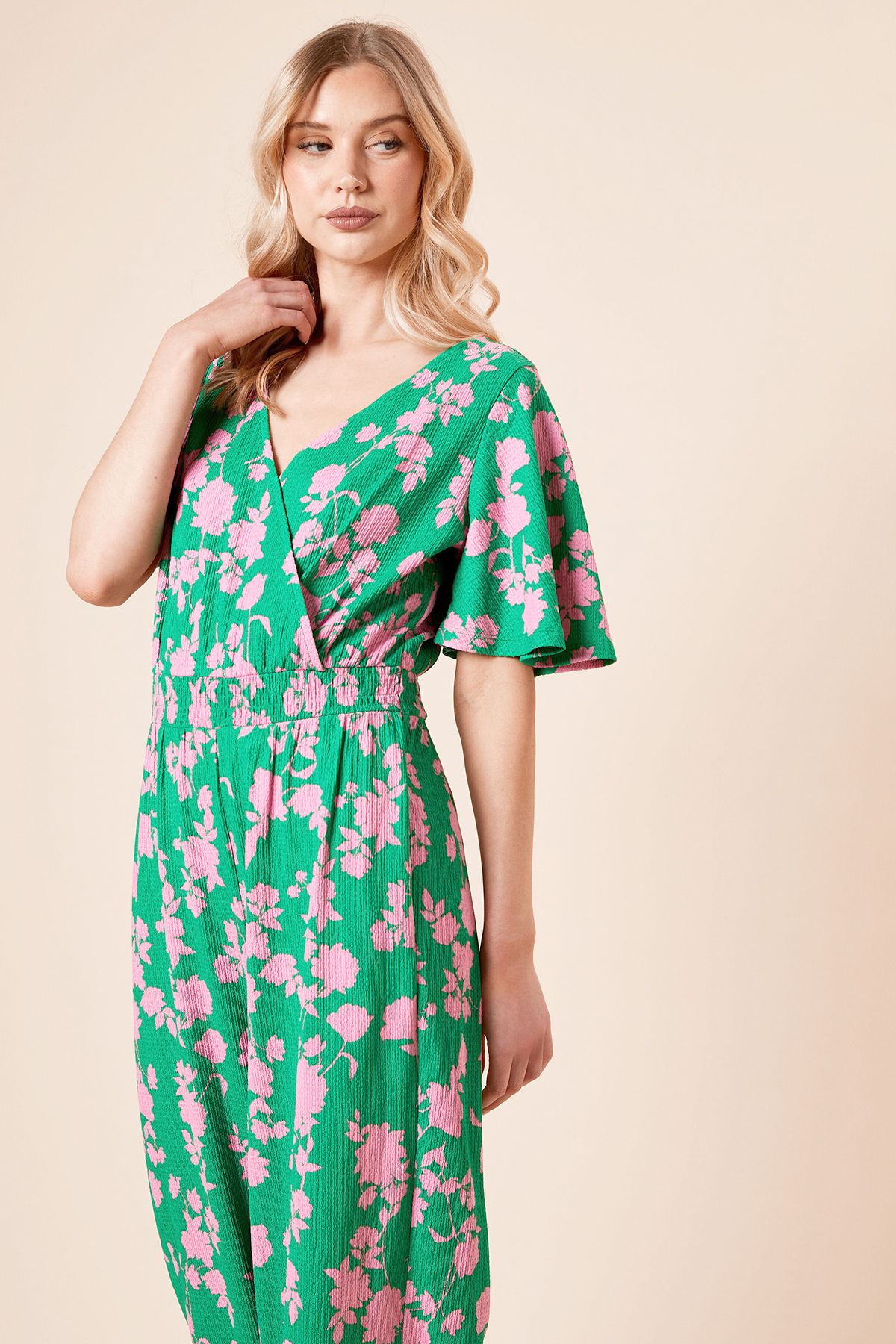 Dorothy Perkins Green Floral Wrap Front Angel Sleeve Jersey Jumpsuit Green image 2