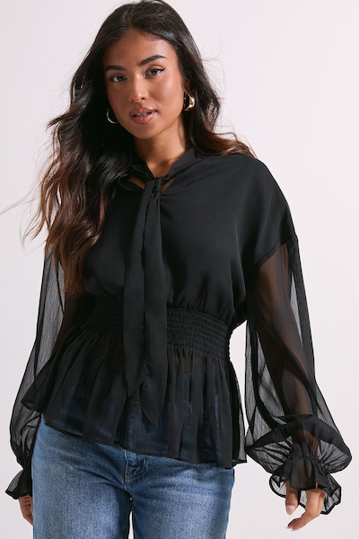 Dorothy Perkins Petite Tie Neck Shirred Waist Boho Blouse Black