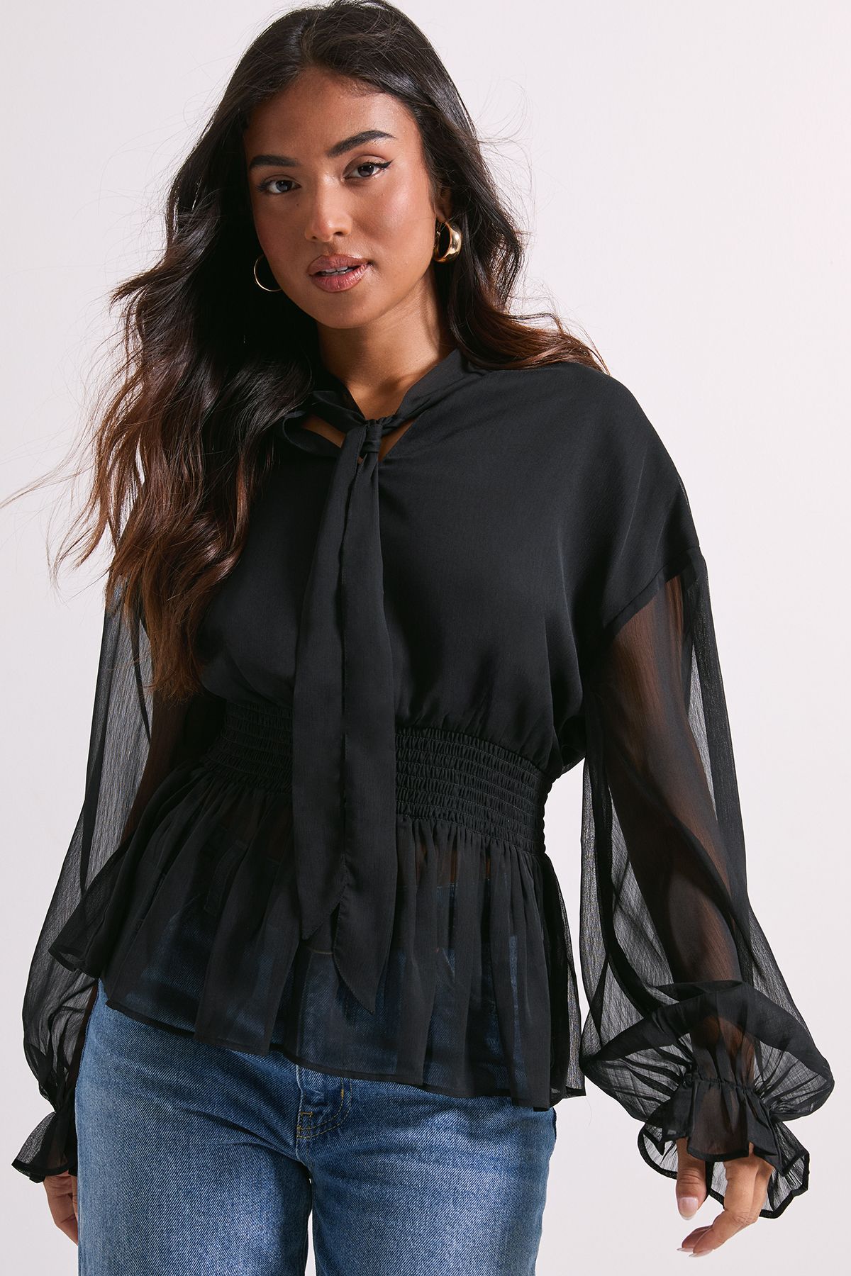 Dorothy Perkins Petite Tie Neck Shirred Waist Boho Blouse Black image 1