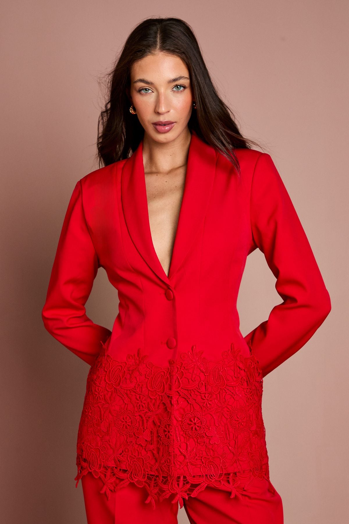 Coast Single Breasted Lace Trim Fitted Blazer Red