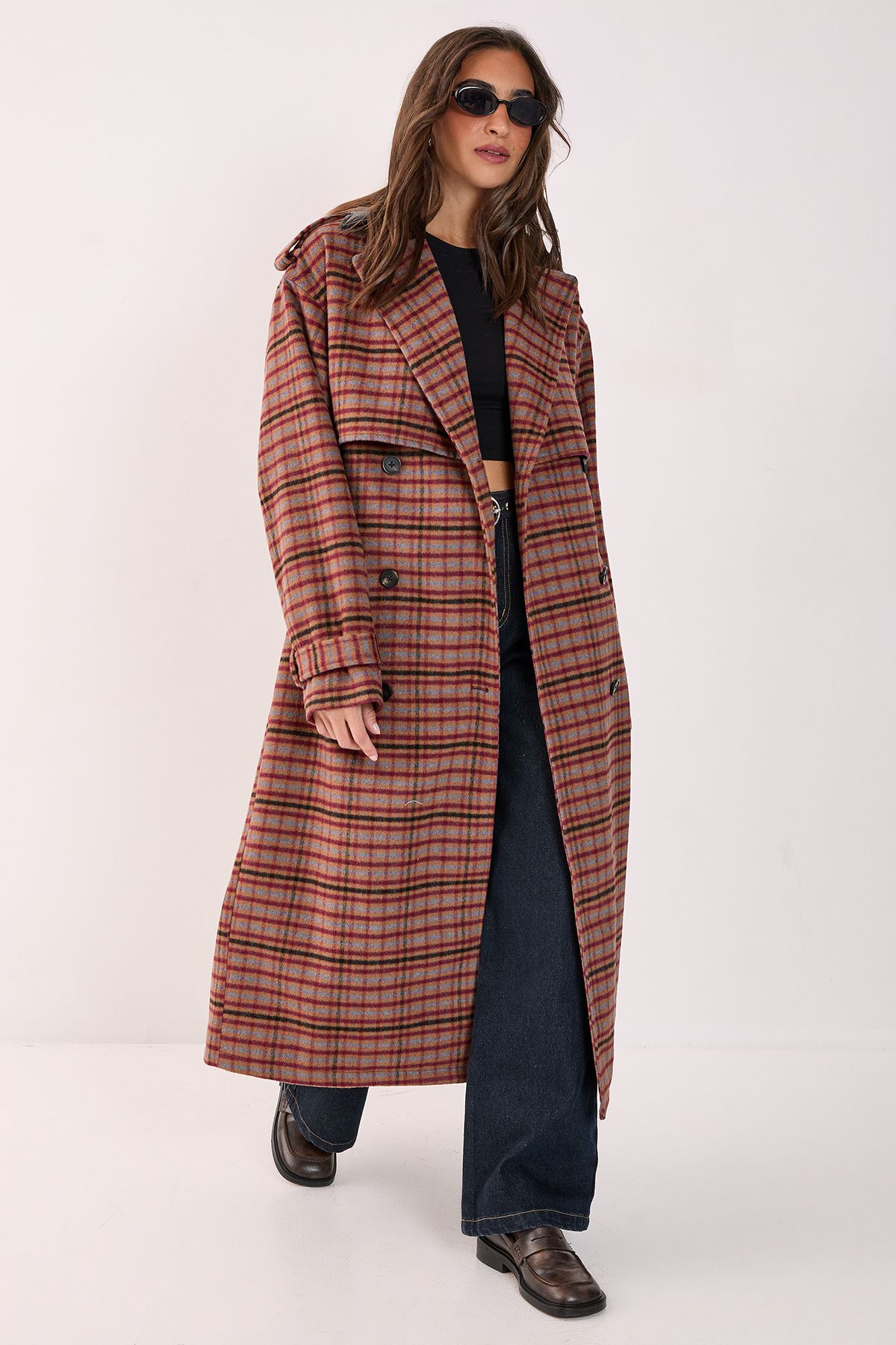 NastyGal Check Vinyl Collar Trench Coat Brown image 3