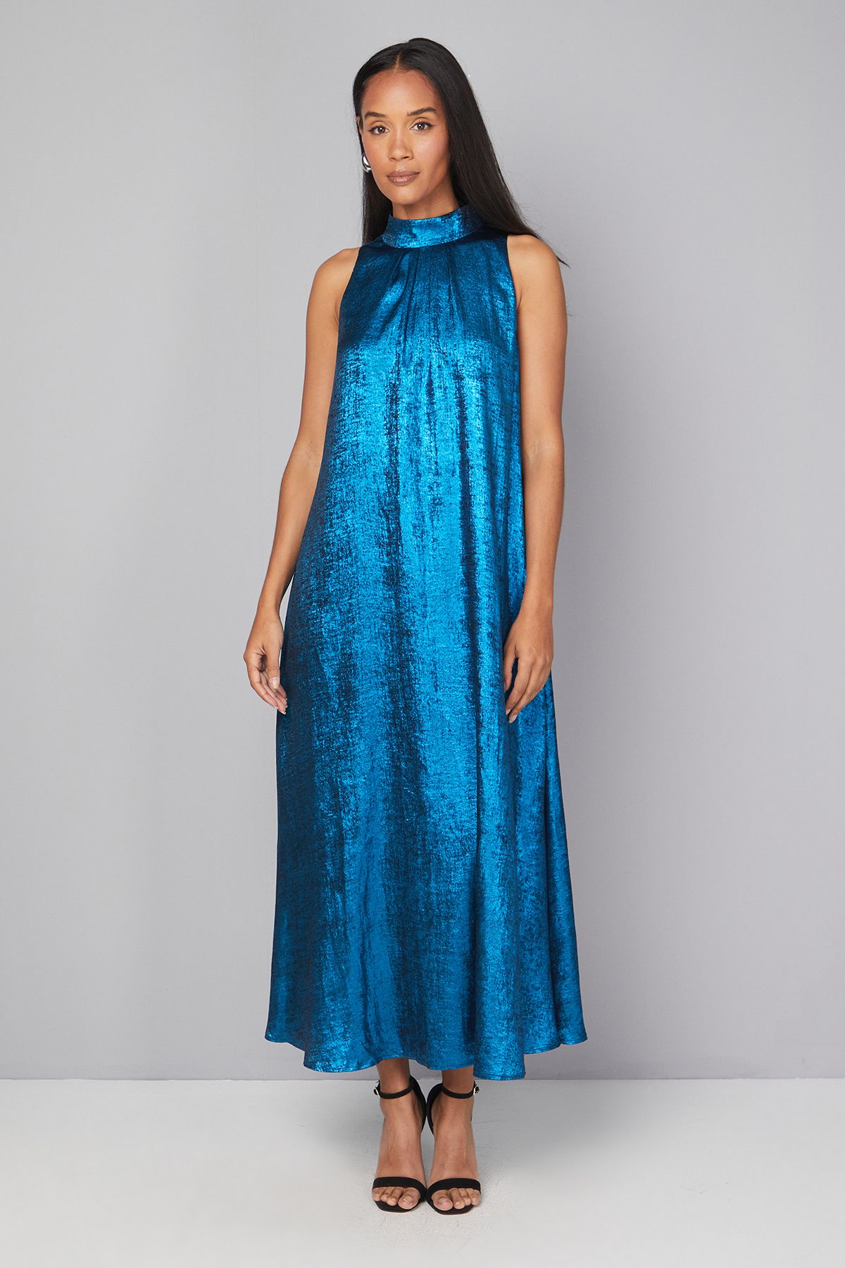 Principles Halterneck Pleated Metallic Midaxi Dress Blue image 1