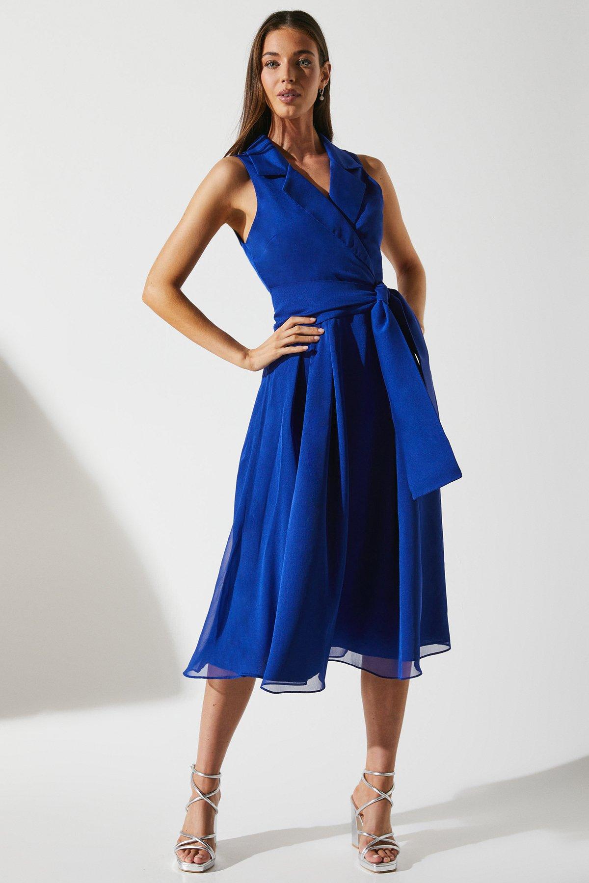 Coast Navy Wrap Front Dress In Chiffon With Collar PLT