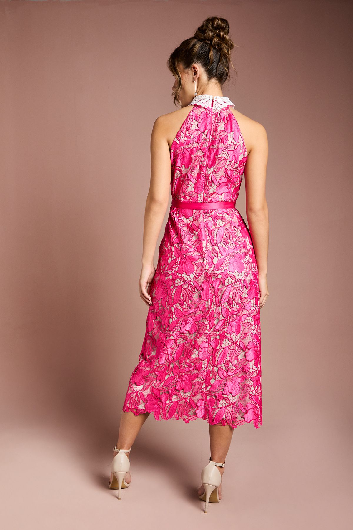 Coast Halter Neck Satin Lace Contrast Collar Midi  Dress Pink image 3