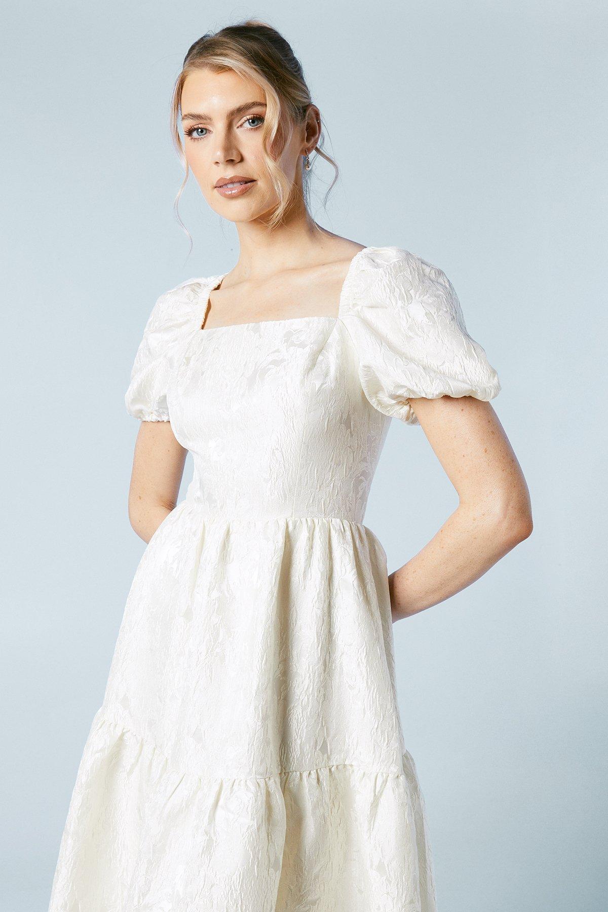 Oasis Tiered Puff Sleeve Jacquard Wedding Dress Ecru image 4