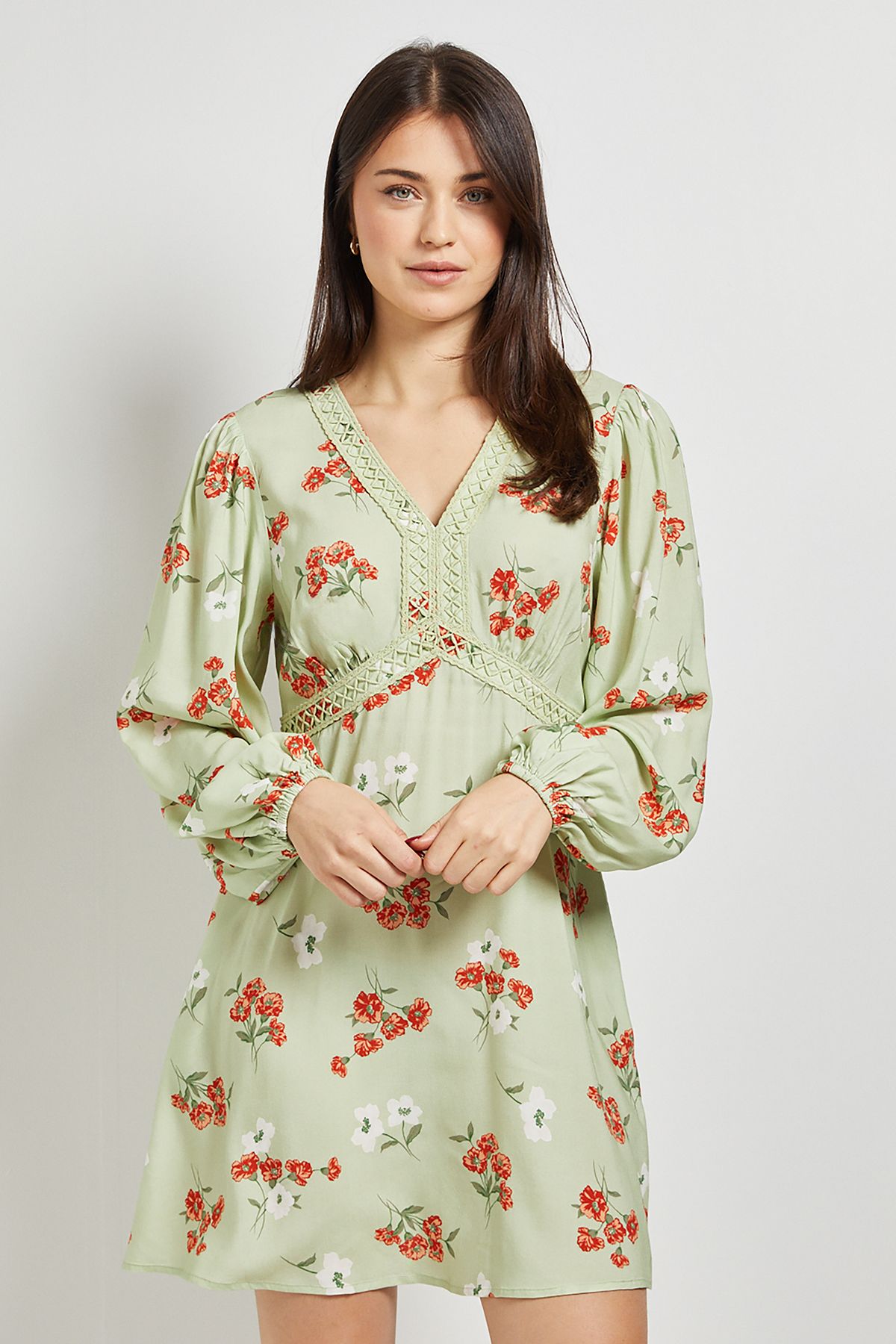 Dorothy Perkins Ditsy Floral Lace Trim Long Sleeve Printed Mini Dress Floral