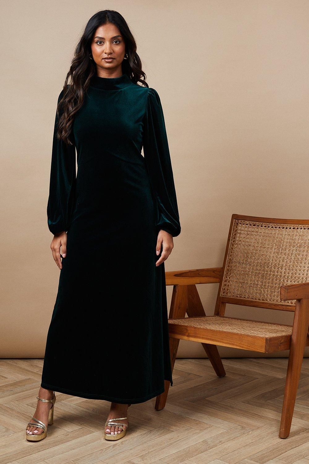 Oasis Occasion Velvet High Neck Midi Dress Green image 1
