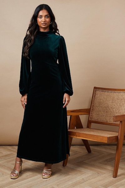 Oasis Occasion Velvet High Neck Midi Dress Green
