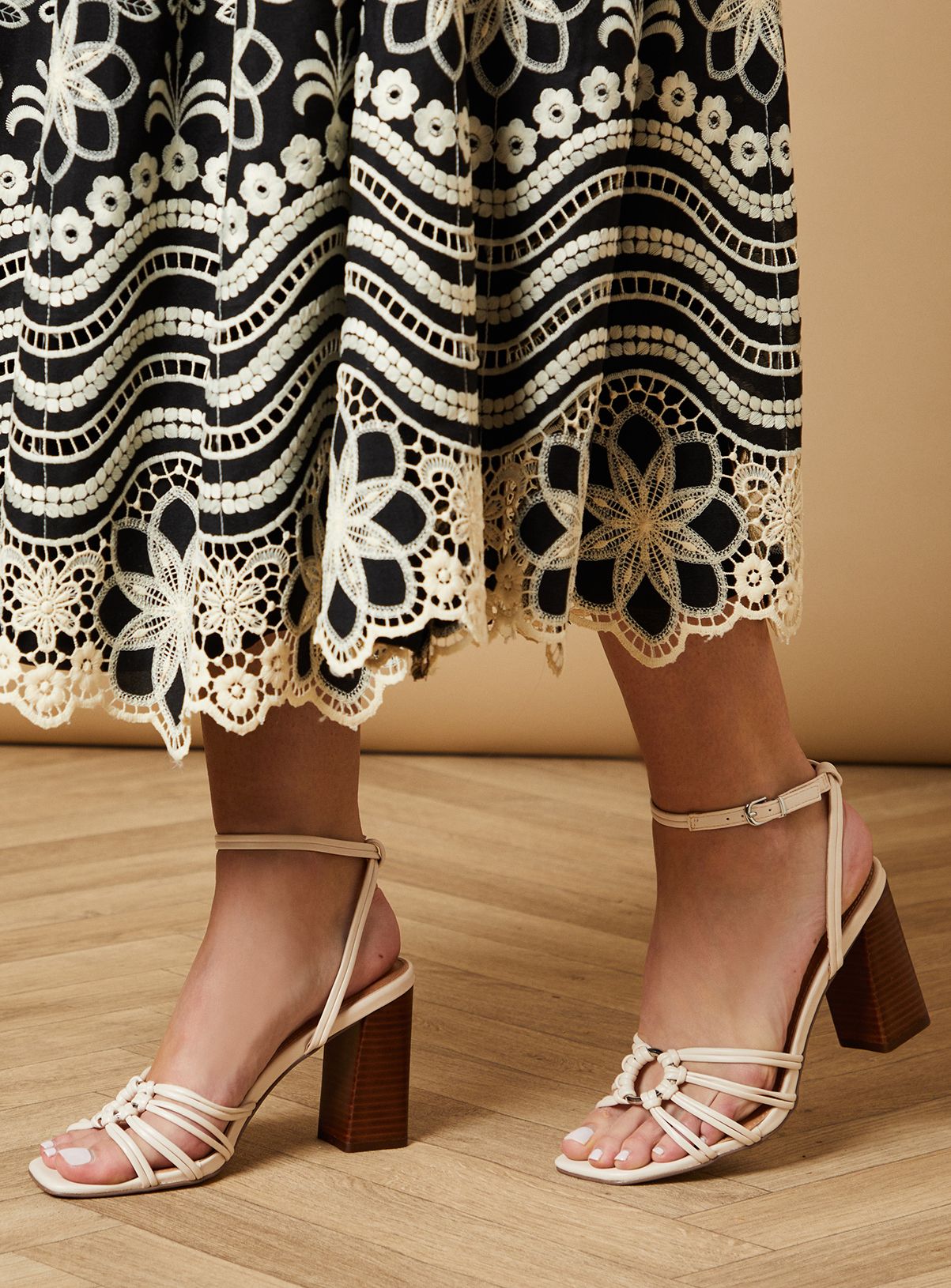 Oasis Michelle Ring Detail Strappy Leather Stacked High Block Heel Sandals Bone image 1