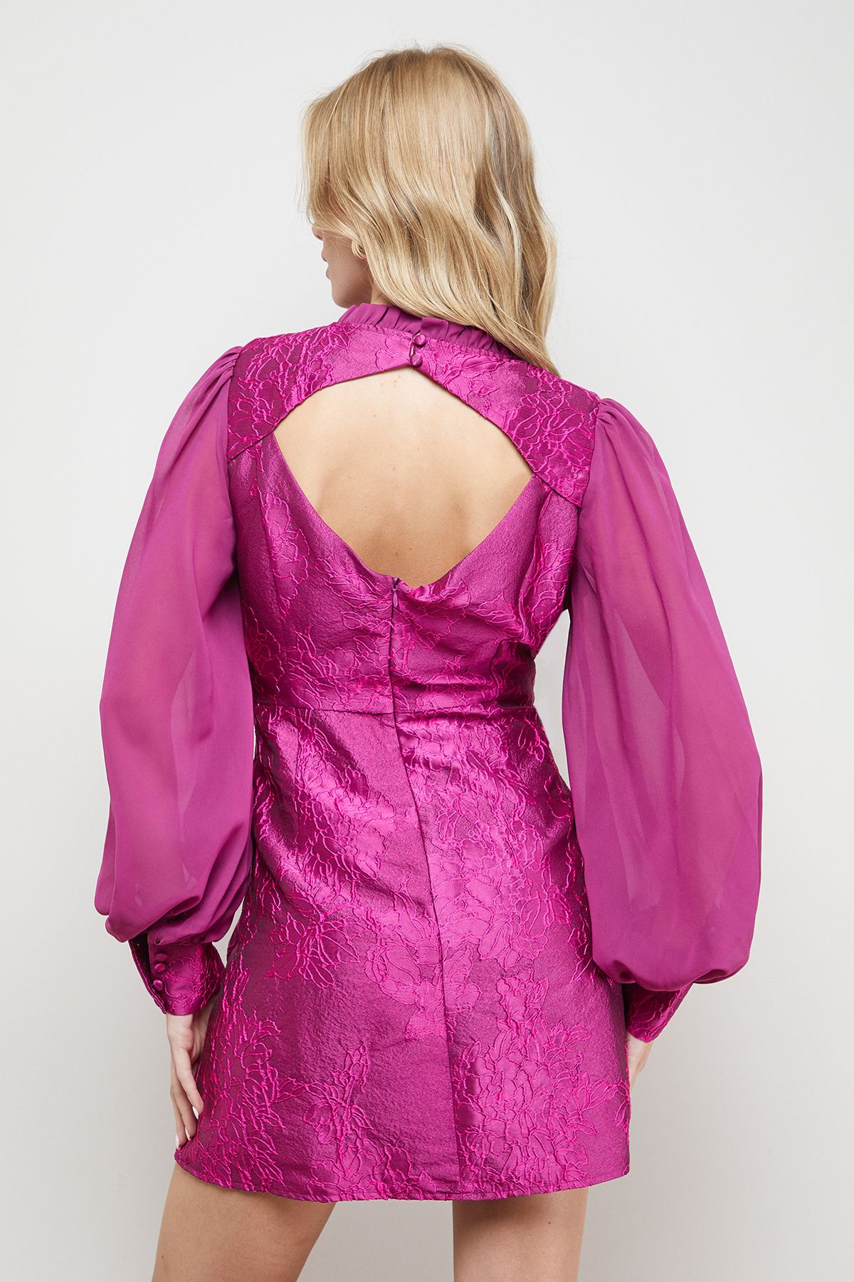 Oasis Structured Jacquard Fit And Flare Mini Dress With Chiffon Sleeve Purple image 3