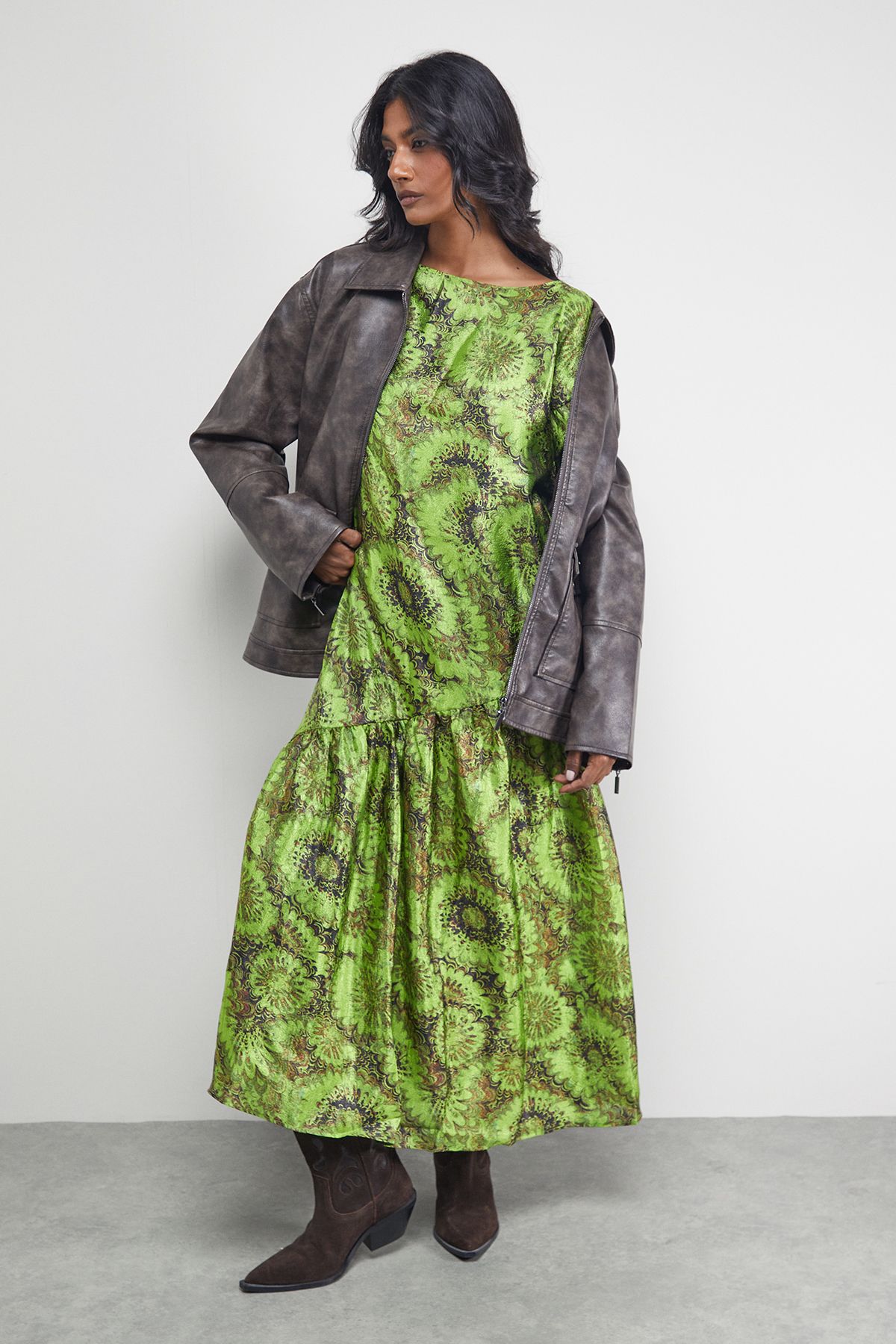 Warehouse Textured Organza Asymmetric Seam Volume Sleeve Midi Dress Floral image 1