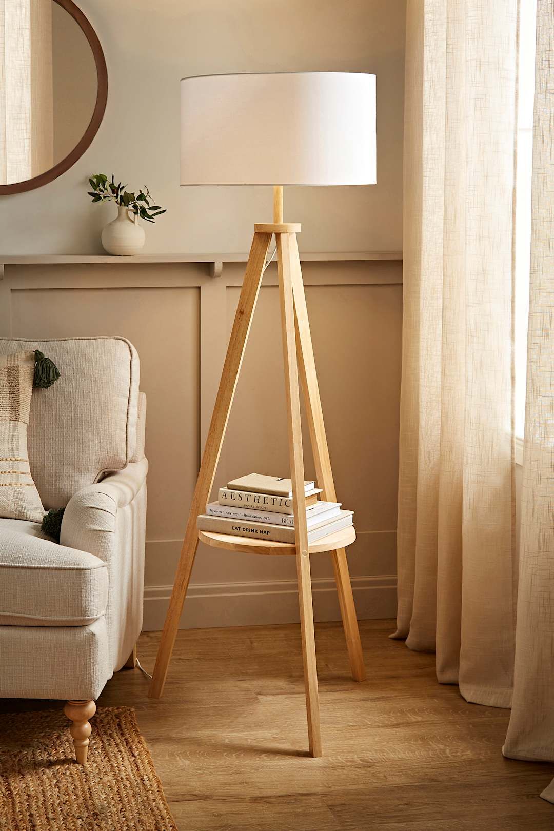 ValueLights Morrigan Natural Wood Tripod Floor Lamp with Fabric Drum Lamp Shade image 1