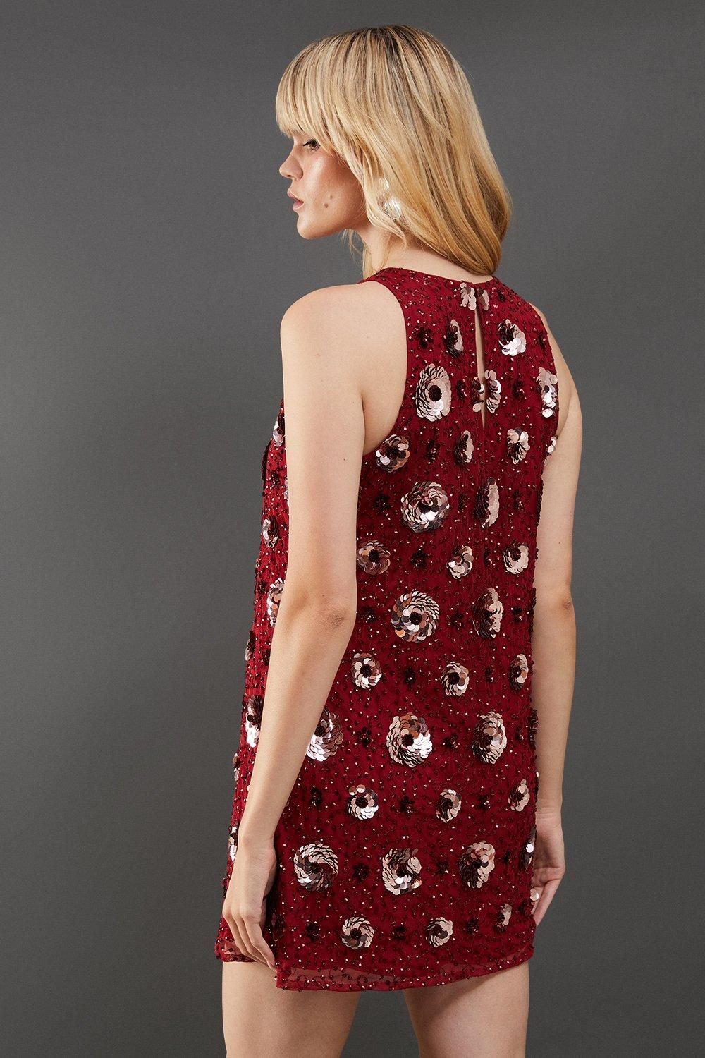 Warehouse Premium Rose Hand Embellished Sequin Racer Mini Dress Red image 3