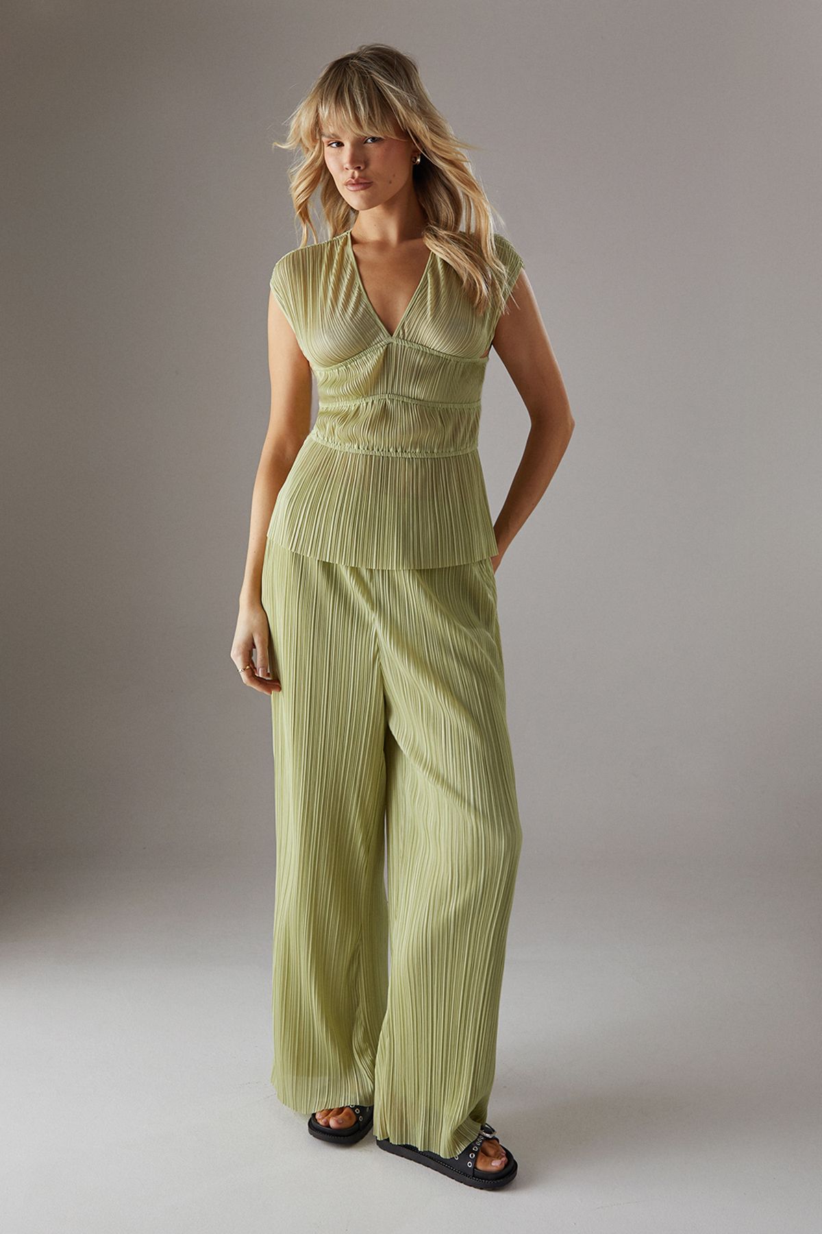 Warehouse Plisse High Waisted Wide Leg Trousers Apple Green