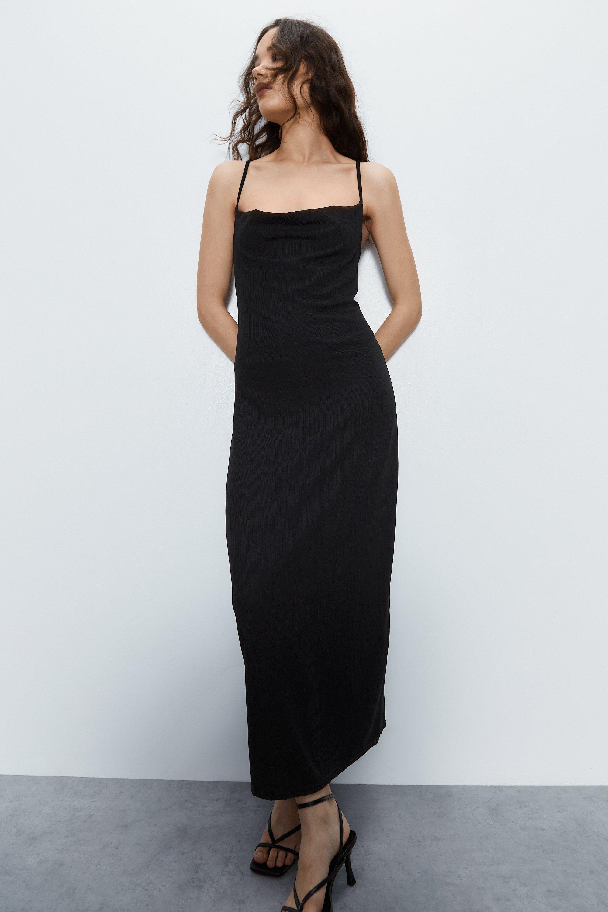 Warehouse Ribbed Cowl Neck Midaxi Cami Dress Black image 1